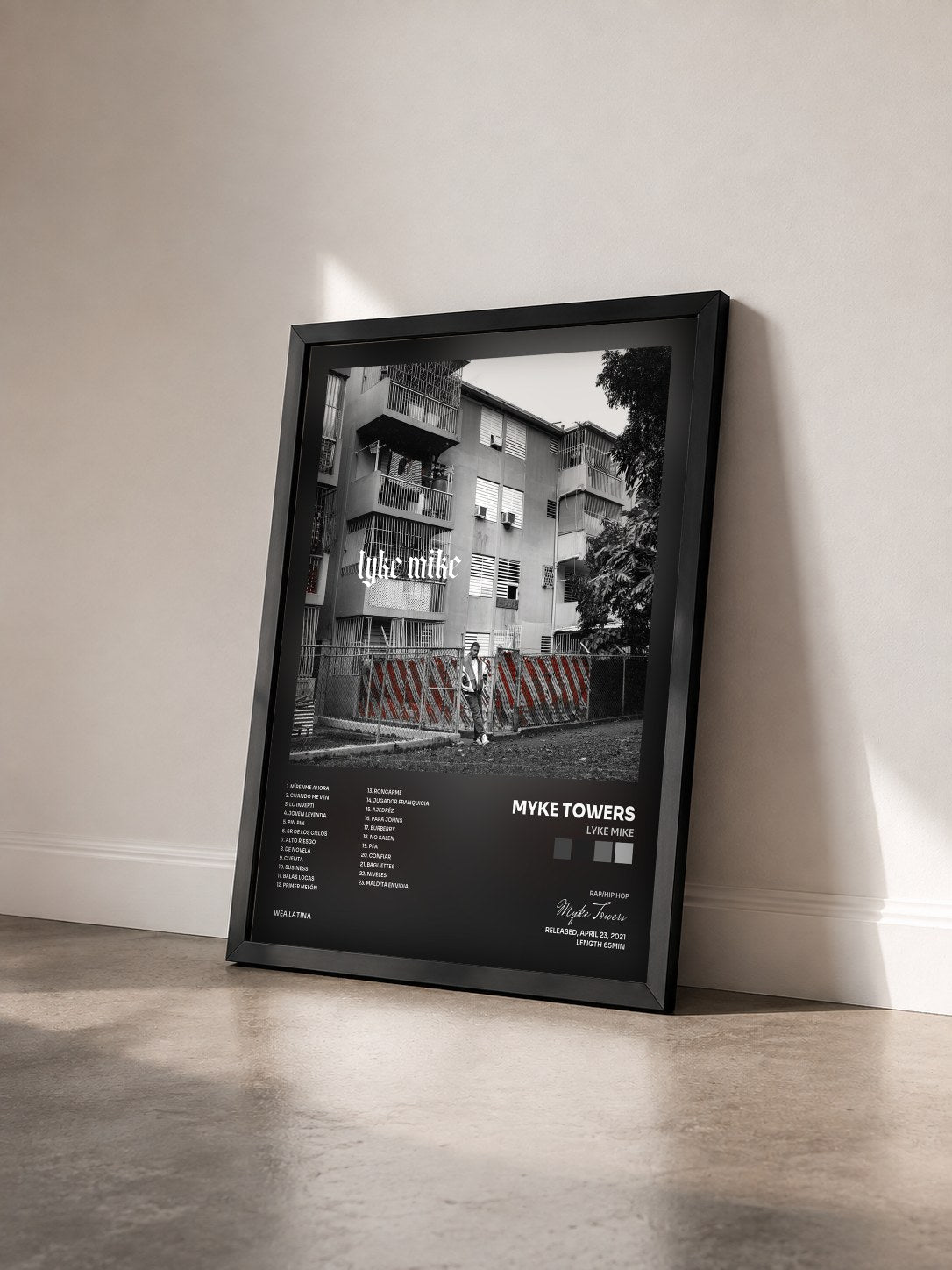 #noir LYKE MIKE by Myke Towers as a framed art print seen at an angle, black frame