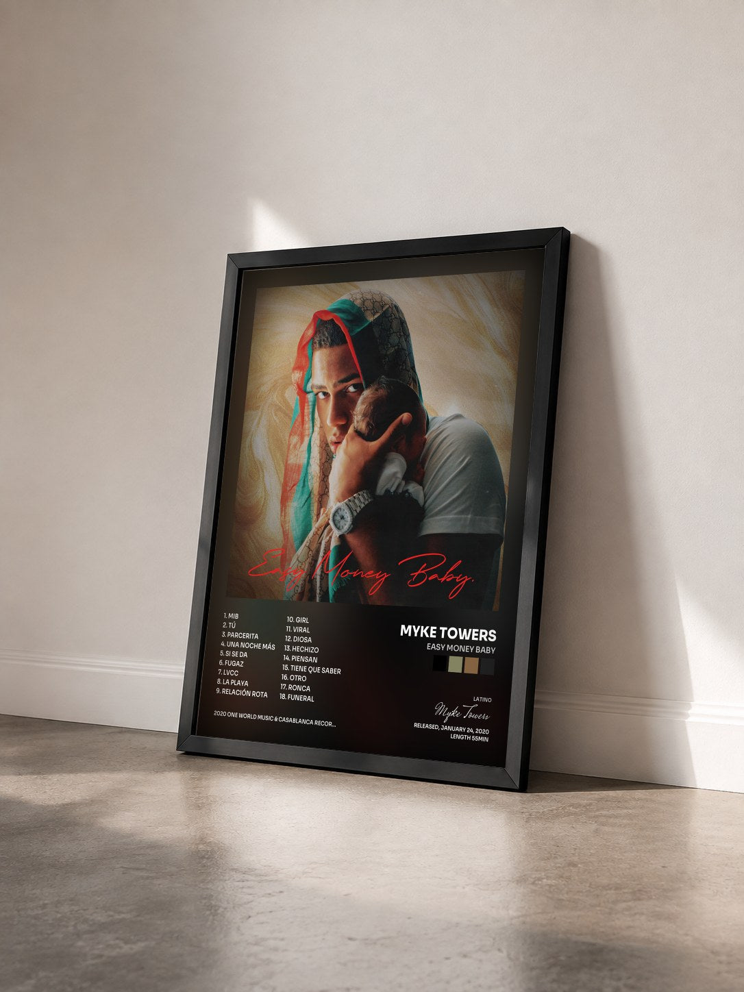 #noir Easy Money Baby by Myke Towers as a framed art print seen at an angle, black frame