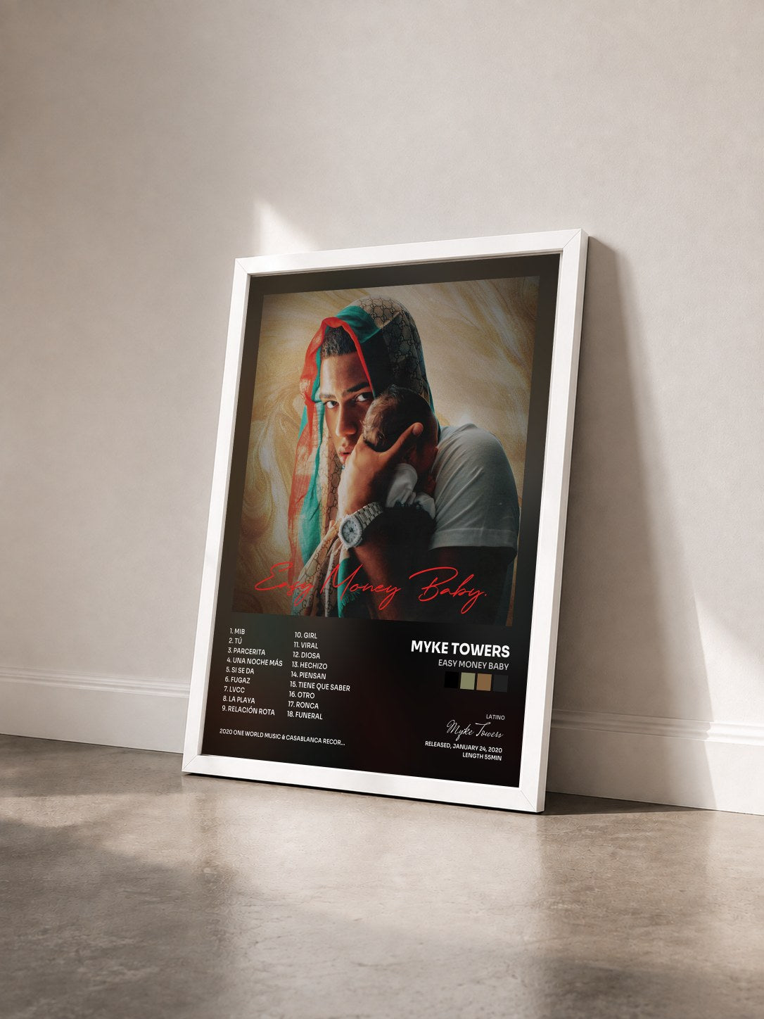 #blanc Easy Money Baby by Myke Towers as a framed art print seen at an angle, white frame