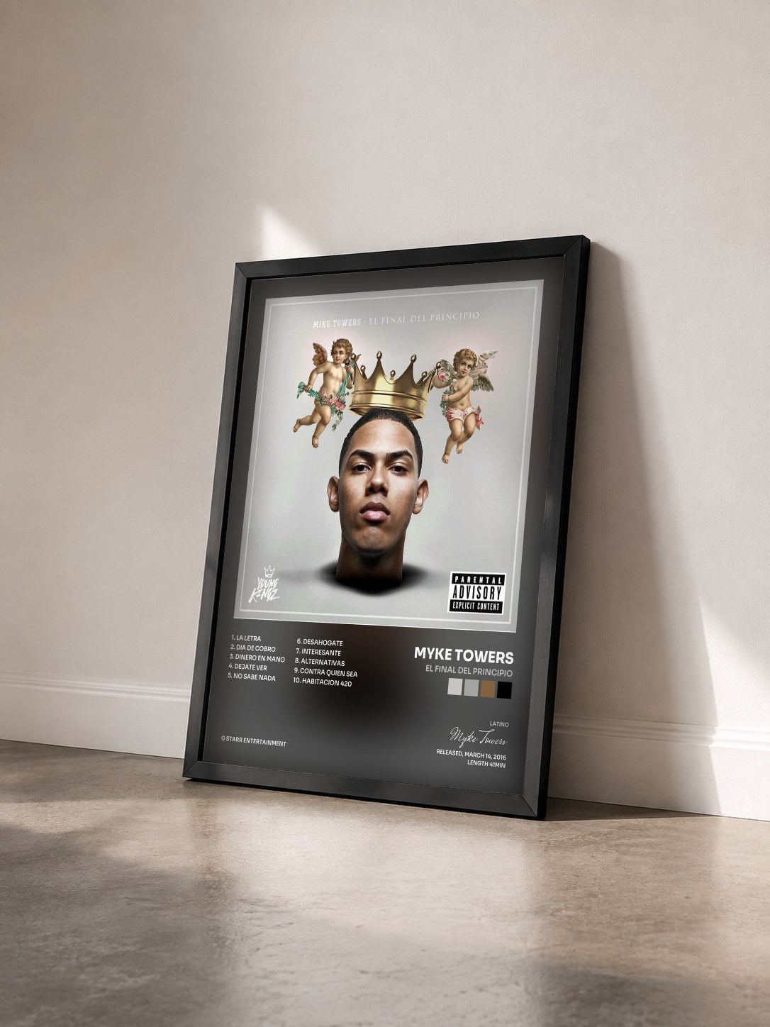 #noir El Final del Principio by Myke Towers as a framed art print seen at an angle, black frame