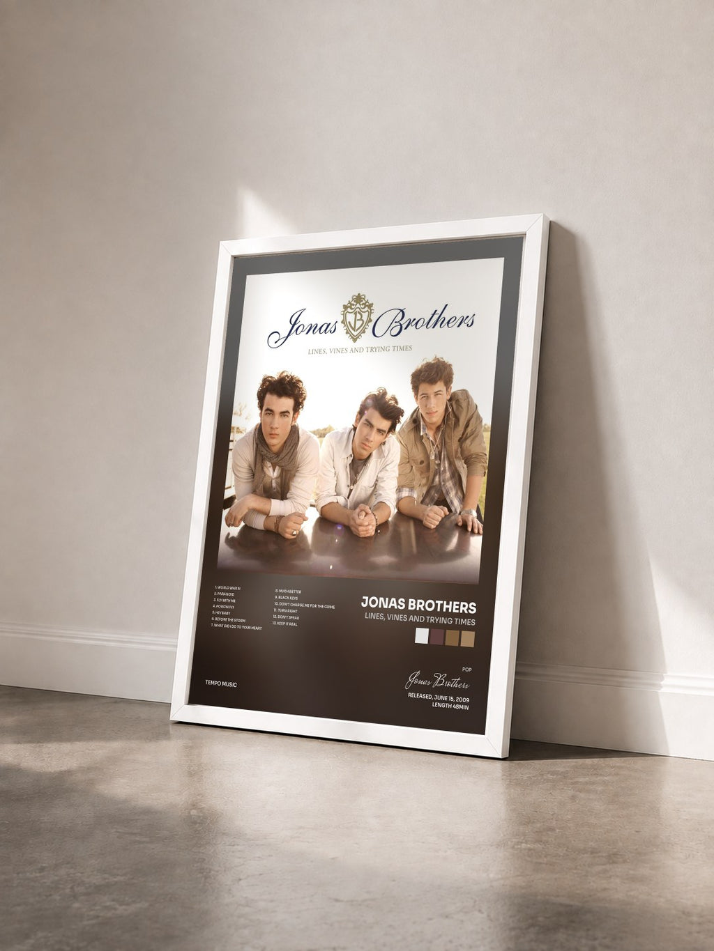 #blanc Tableau de l'album Lines, Vines and Trying Times de Jonas Brothers vu de trois quarts, cadre blanc