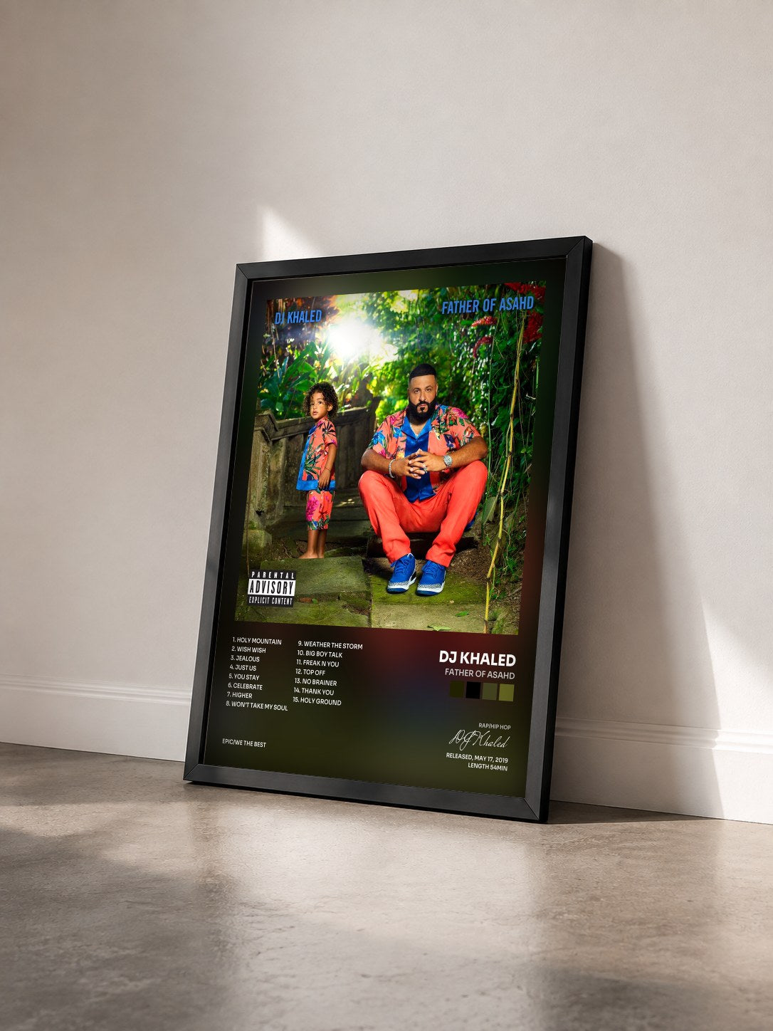 #noir Father Of Asahd by DJ Khaled as a framed art print seen at an angle, black frame