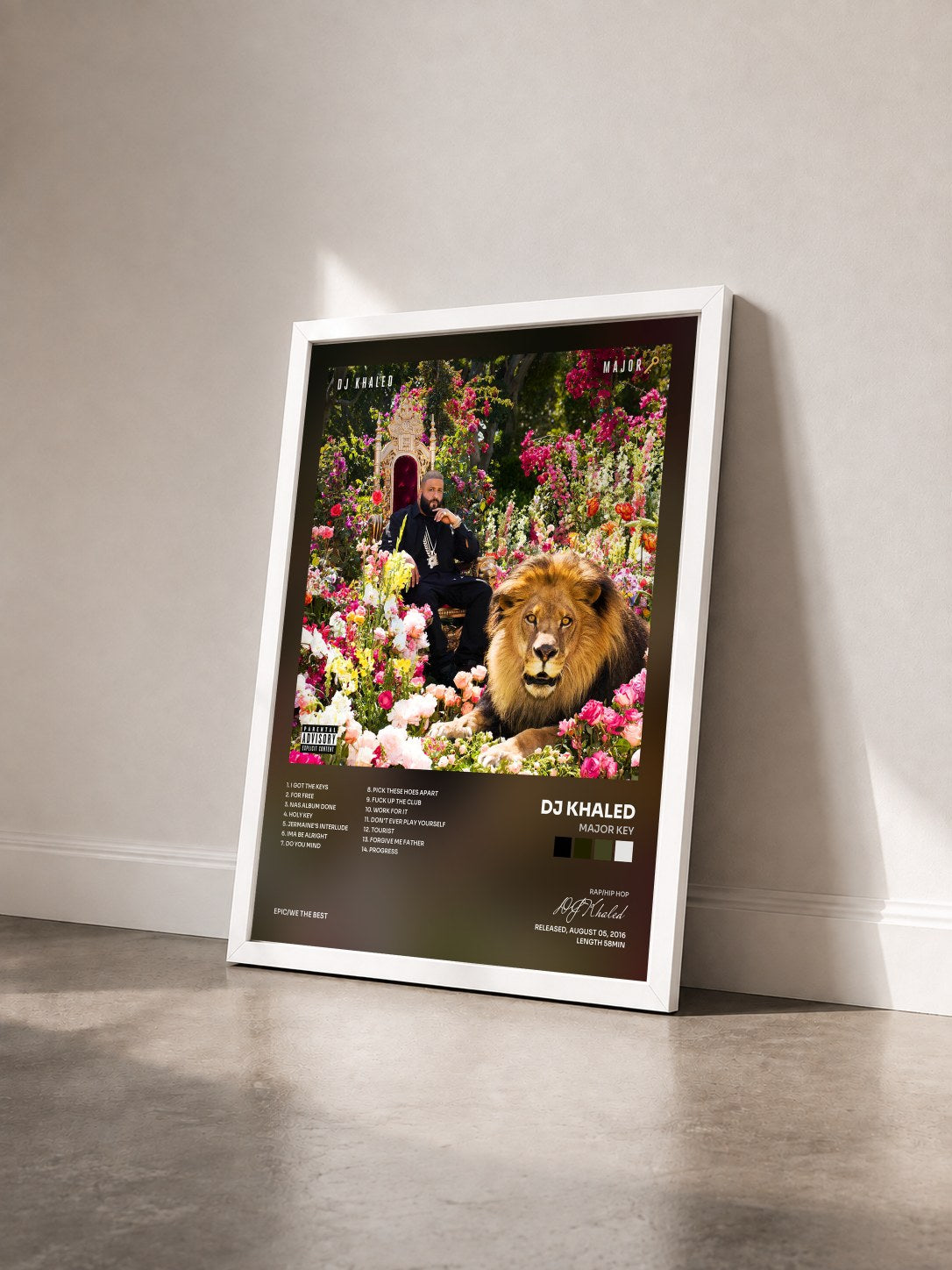 #blanc Tableau de l'album Major Key de DJ Khaled vu de trois quarts, cadre blanc