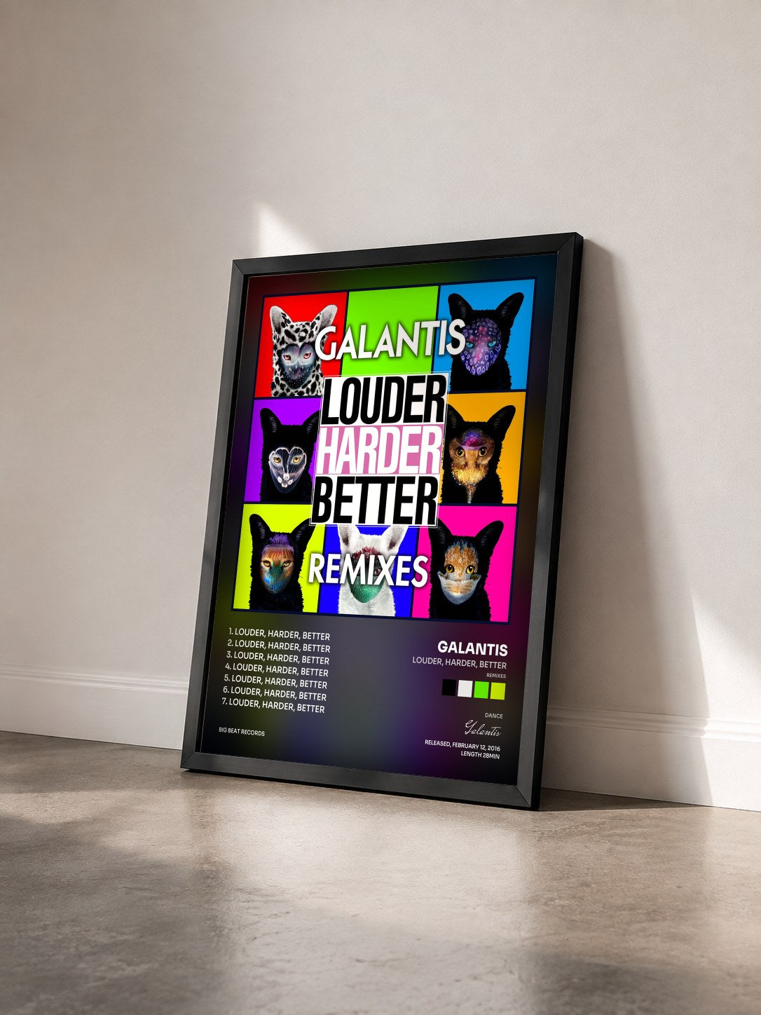 #noir Tableau de l'album Louder, Harder, Better (Remixes) de Galantis vu de trois quarts, cadre noir