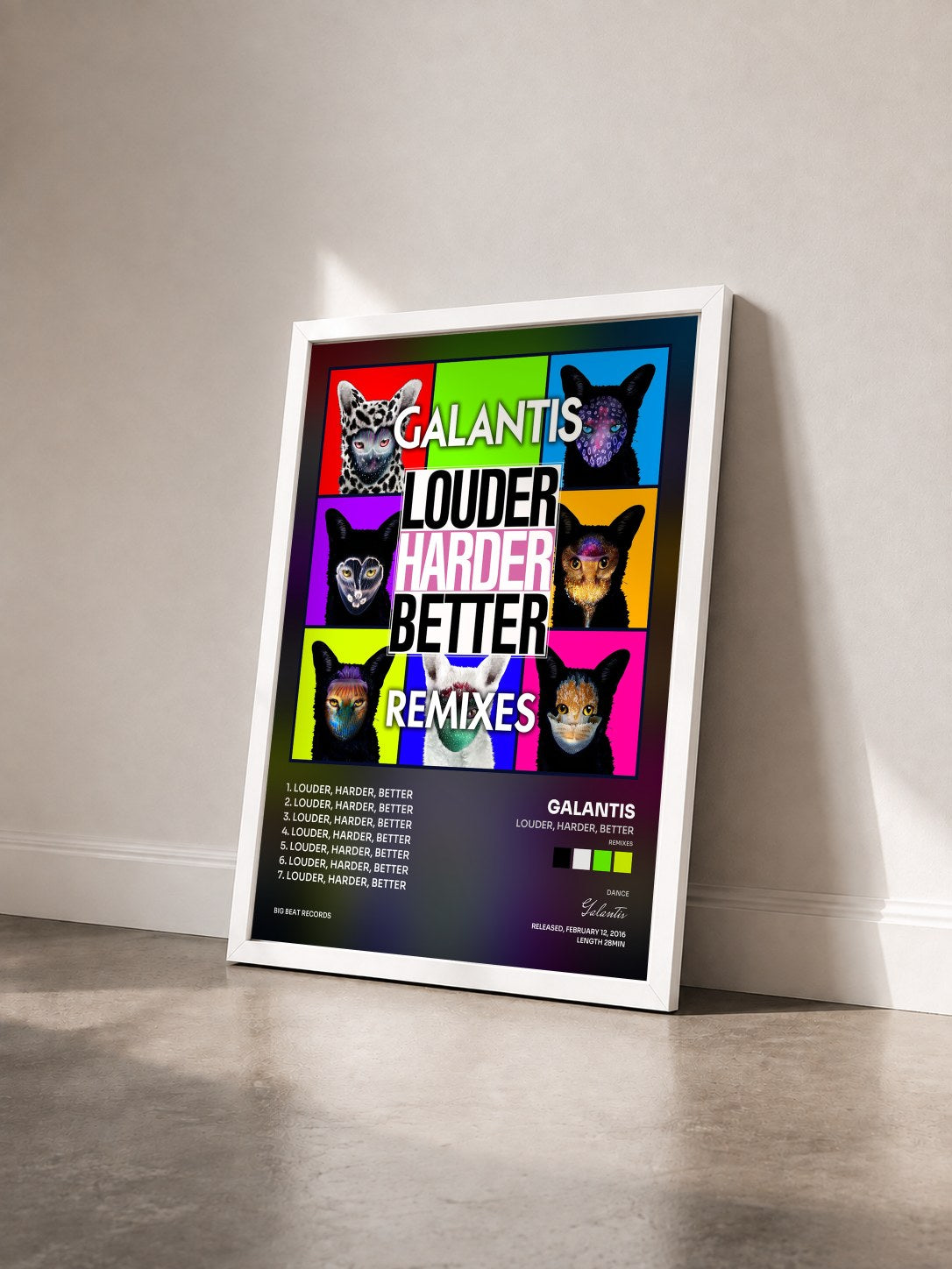 #blanc Tableau de l'album Louder, Harder, Better (Remixes) de Galantis vu de trois quarts, cadre blanc