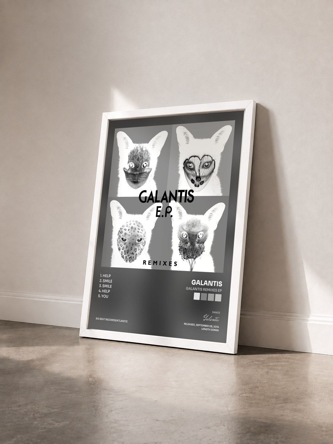 #blanc Tableau de l'album Galantis Remixes EP de Galantis vu de trois quarts, cadre blanc