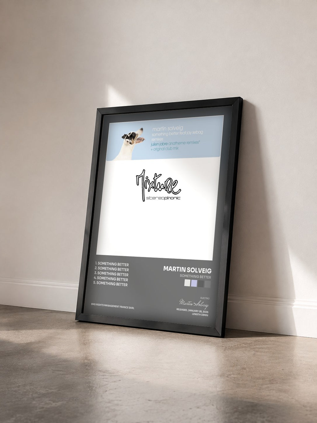 #noir Something Better by Martin Solveig as a framed art print seen at an angle, black frame