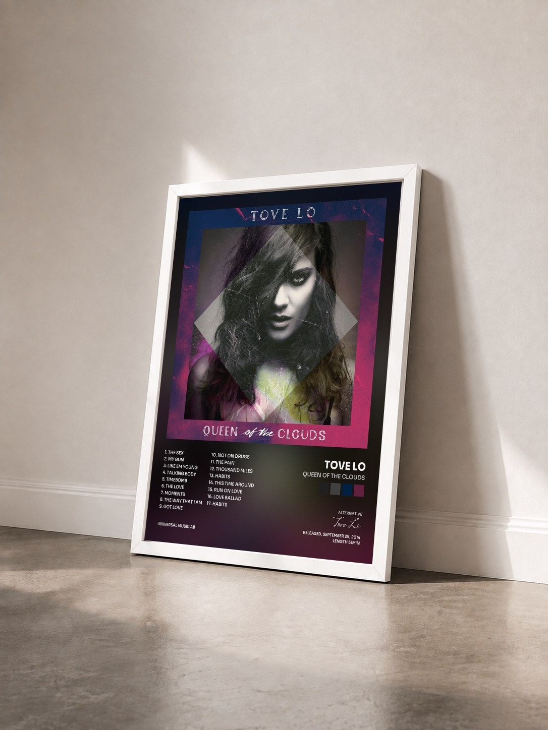 #blanc Queen Of The Clouds by Tove Lo as a framed art print seen at an angle, white frame