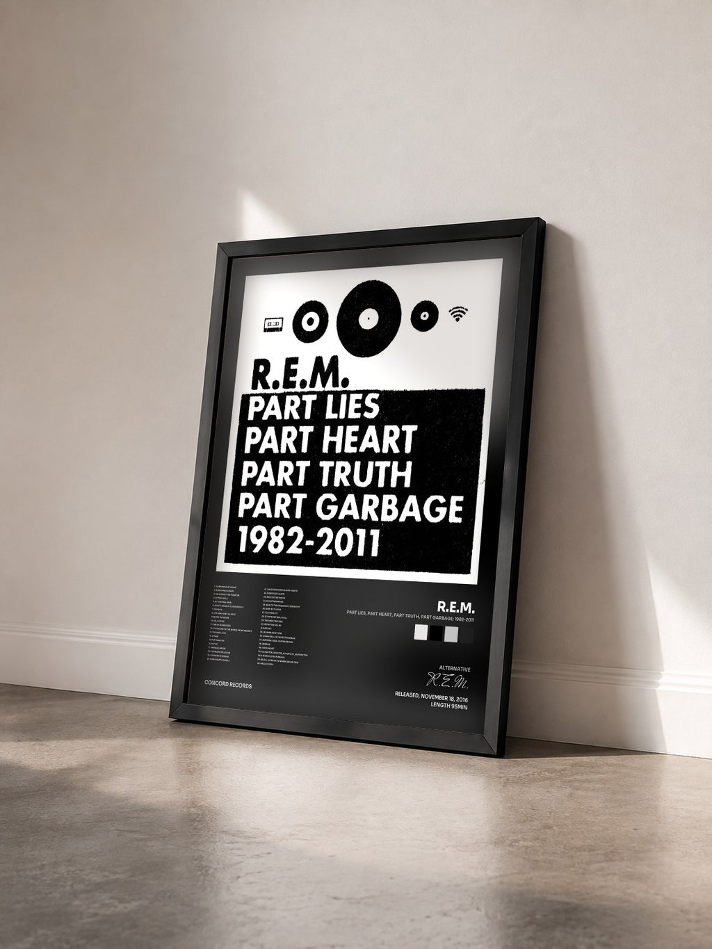 #noir Tableau de l'album Part Lies, Part Heart, Part Truth, Part Garbage: 1982-2011 de R.E.M. vu de trois quarts, cadre noir