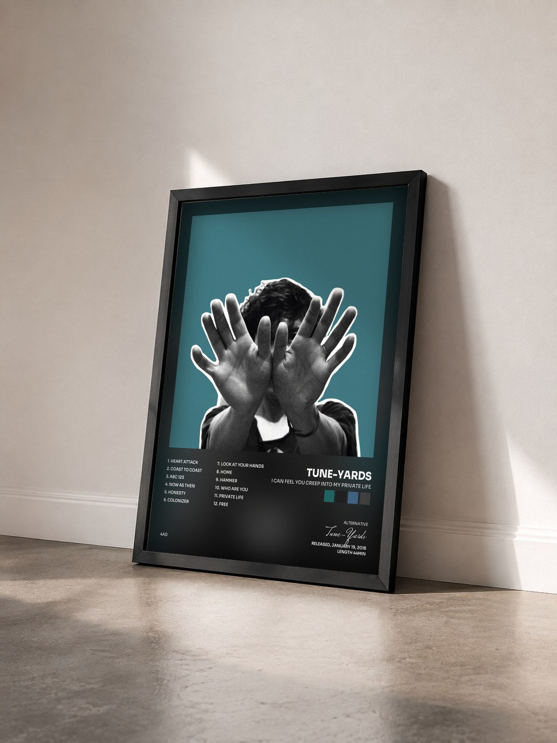 #noir Tableau de l'album I can feel you creep into my private life de Tune-Yards vu de trois quarts, cadre noir