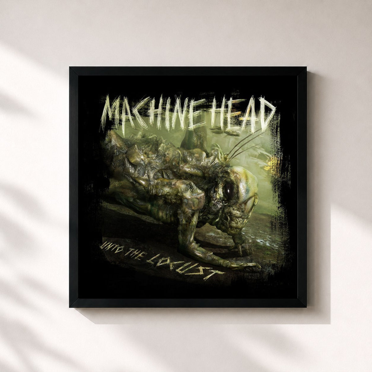 #noir Tableau carré de l'album Unto the Locust de Machine Head, cadre noir 32x32 cm