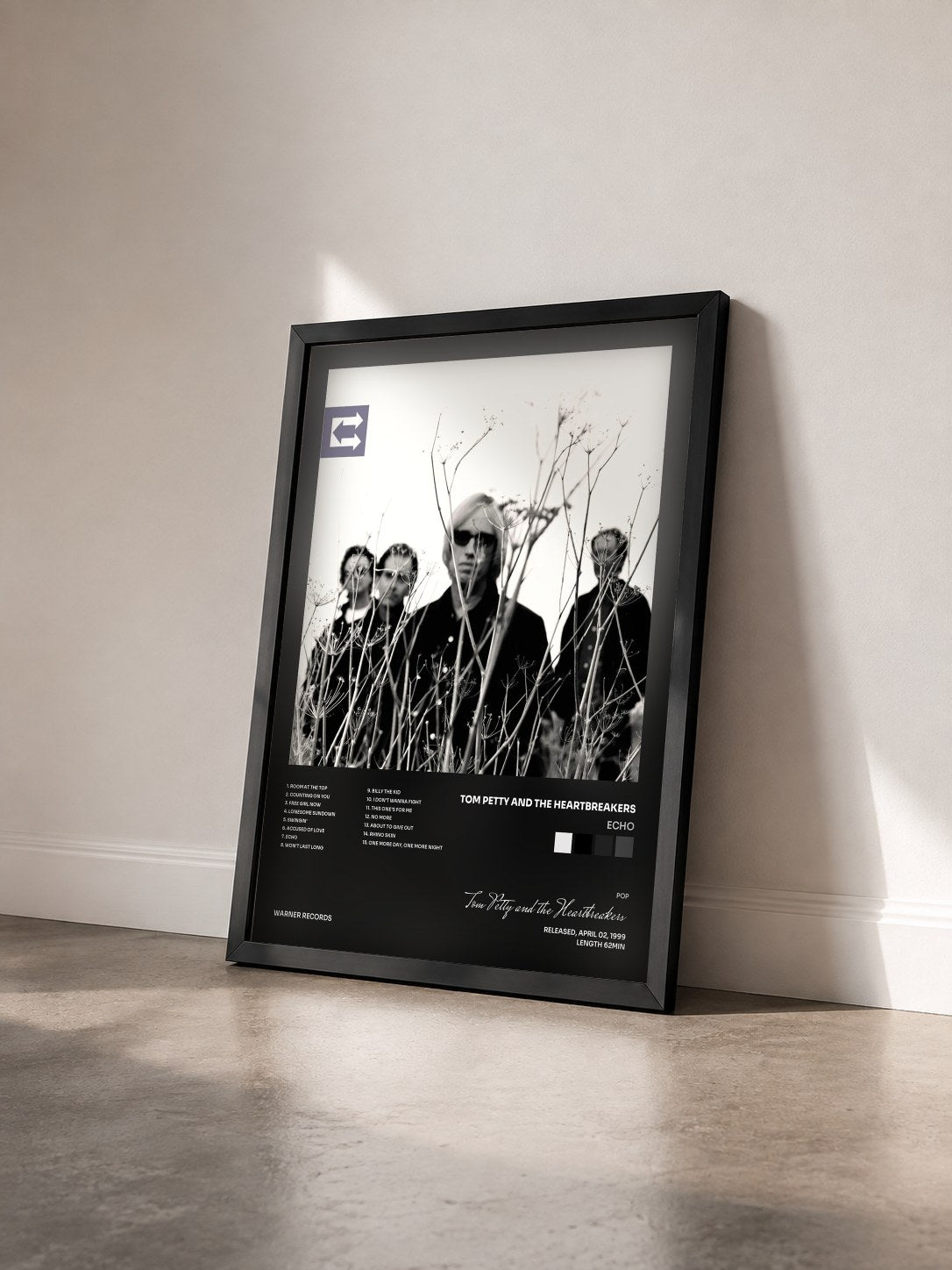 #noir Tableau de l'album Echo de Tom Petty and the Heartbreakers vu de trois quarts, cadre noir