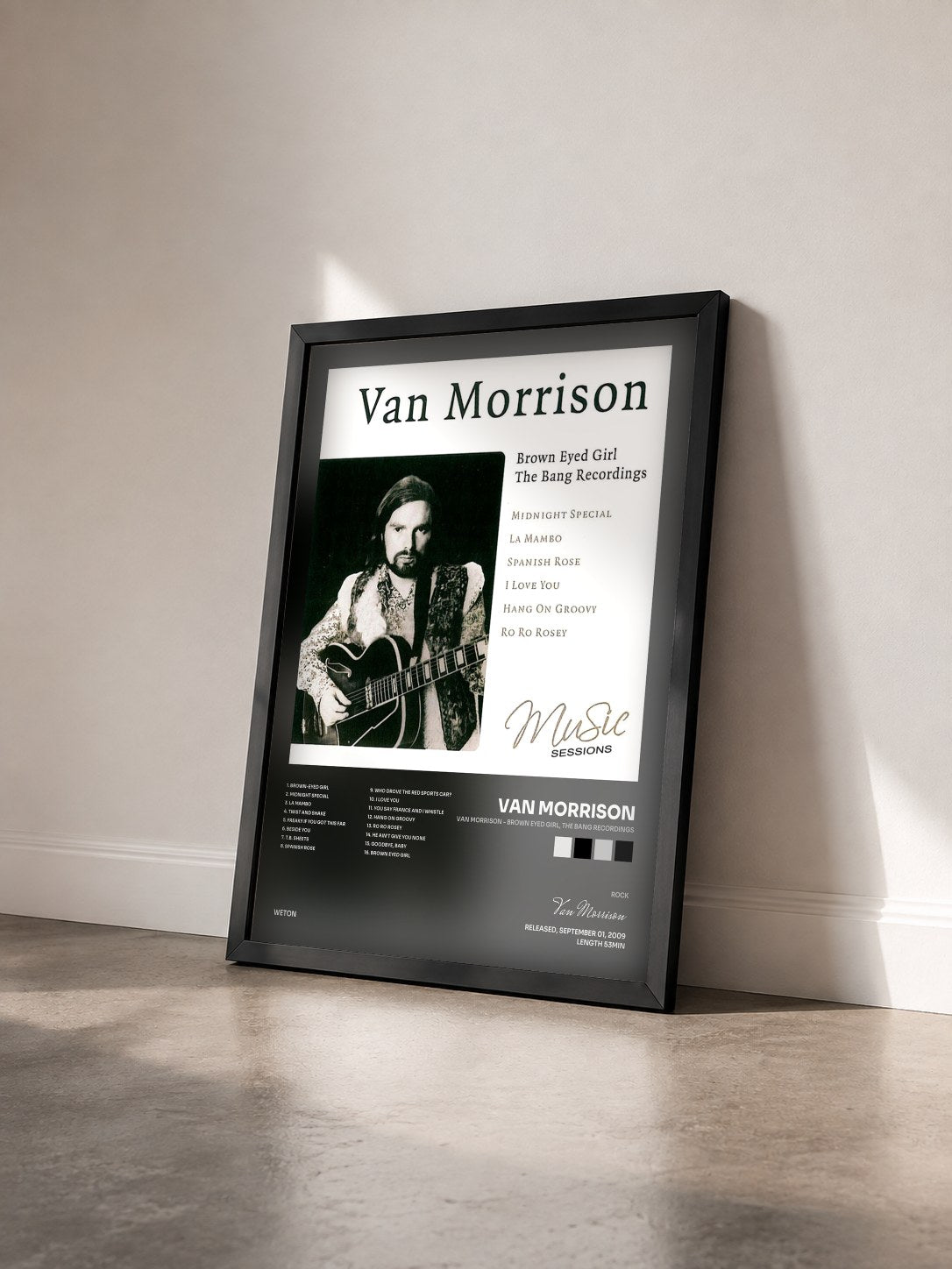 #noir Tableau de l'album Van Morrison - Brown Eyed Girl, The Bang Recordings de Van Morrison vu de trois quarts, cadre noir