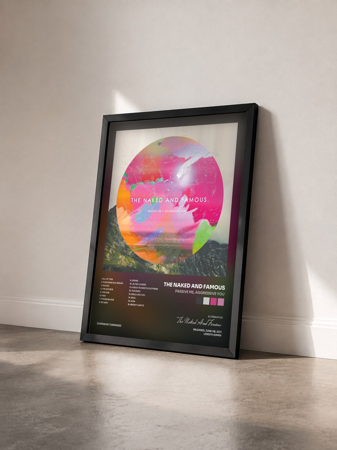 #noir Tableau de l'album Passive Me, Aggressive You de The Naked And Famous vu de trois quarts, cadre noir