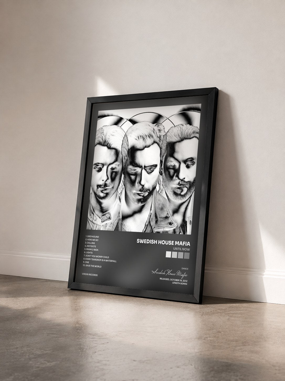 #noir Until Now by Swedish House Mafia as a framed art print seen at an angle, black frame