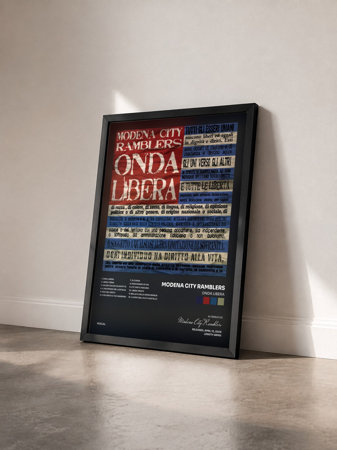 #noir Tableau de l'album Onda libera de Modena City Ramblers vu de trois quarts, cadre noir