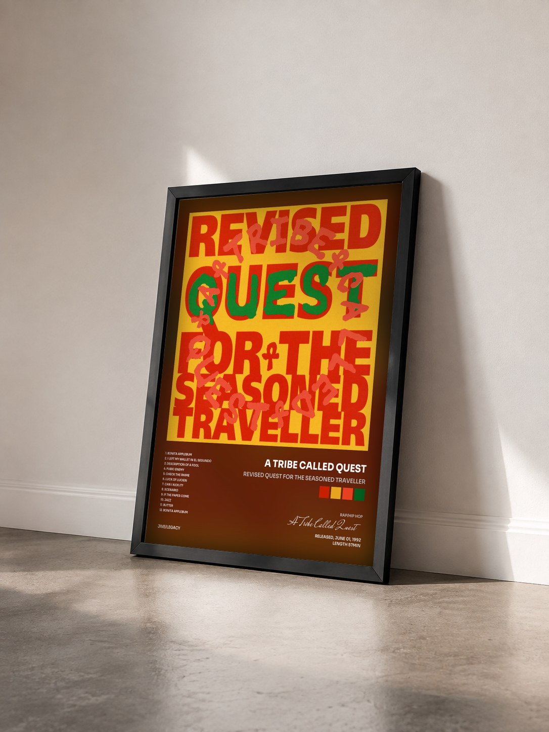 #noir Tableau de l'album Revised Quest for the Seasoned Traveller de A Tribe Called Quest vu de trois quarts, cadre noir