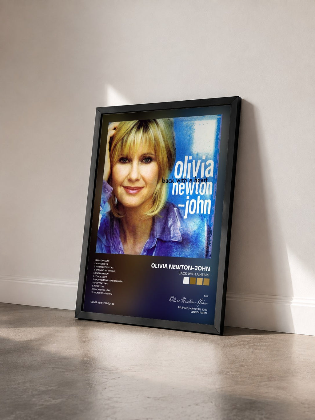 #noir Tableau de l'album Back With A Heart de Olivia Newton-John vu de trois quarts, cadre noir