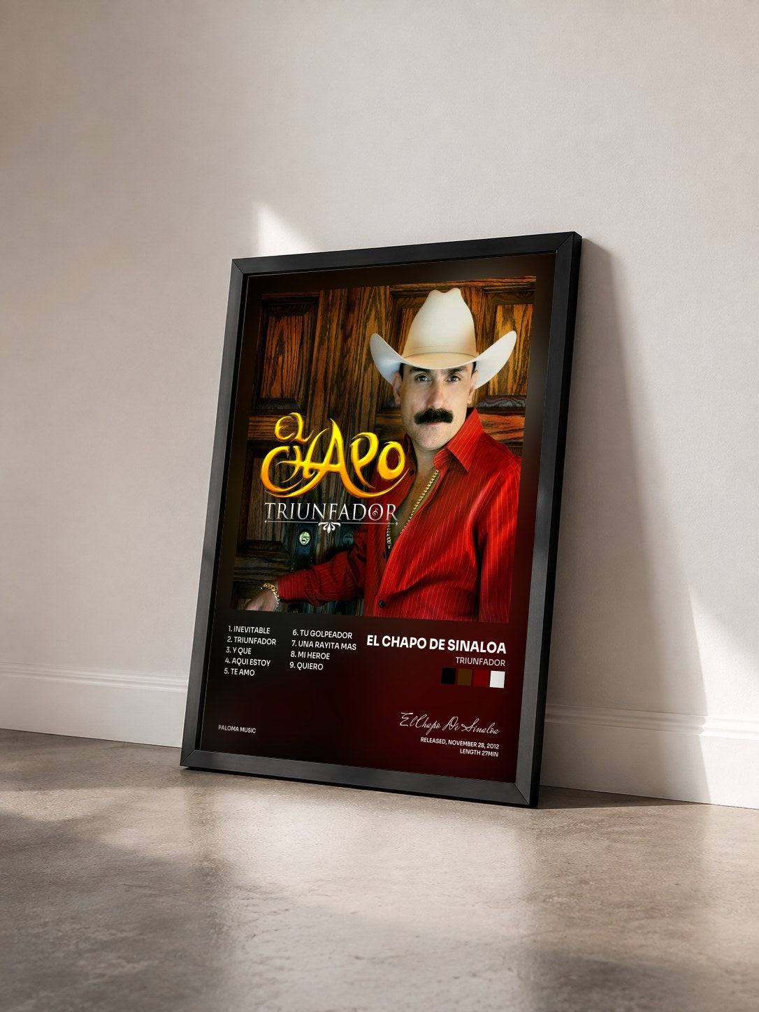 #noir Tableau de l'album Triunfador de El Chapo De Sinaloa vu de trois quarts, cadre noir