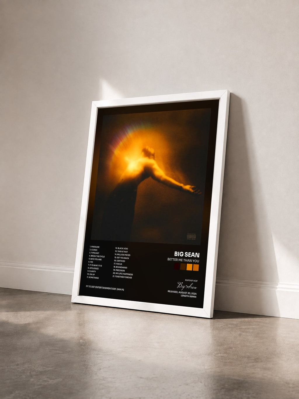 #blanc Better Me Than You by Big Sean as a framed art print seen at an angle, white frame