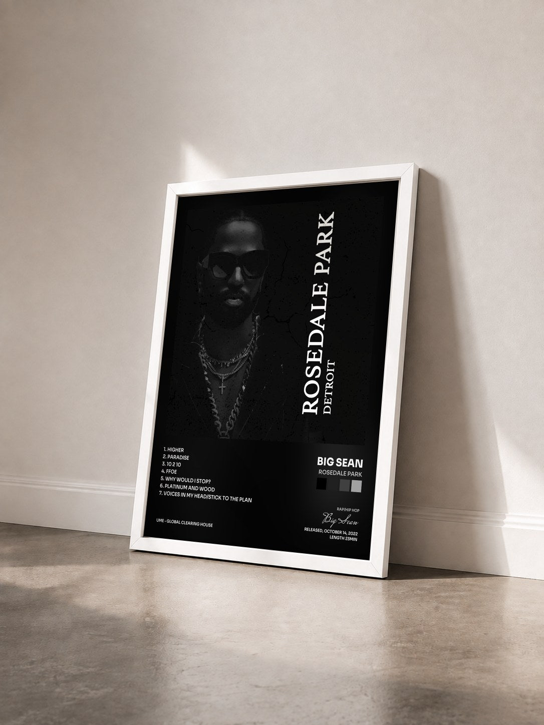 #blanc Tableau de l'album Rosedale Park de Big Sean vu de trois quarts, cadre blanc