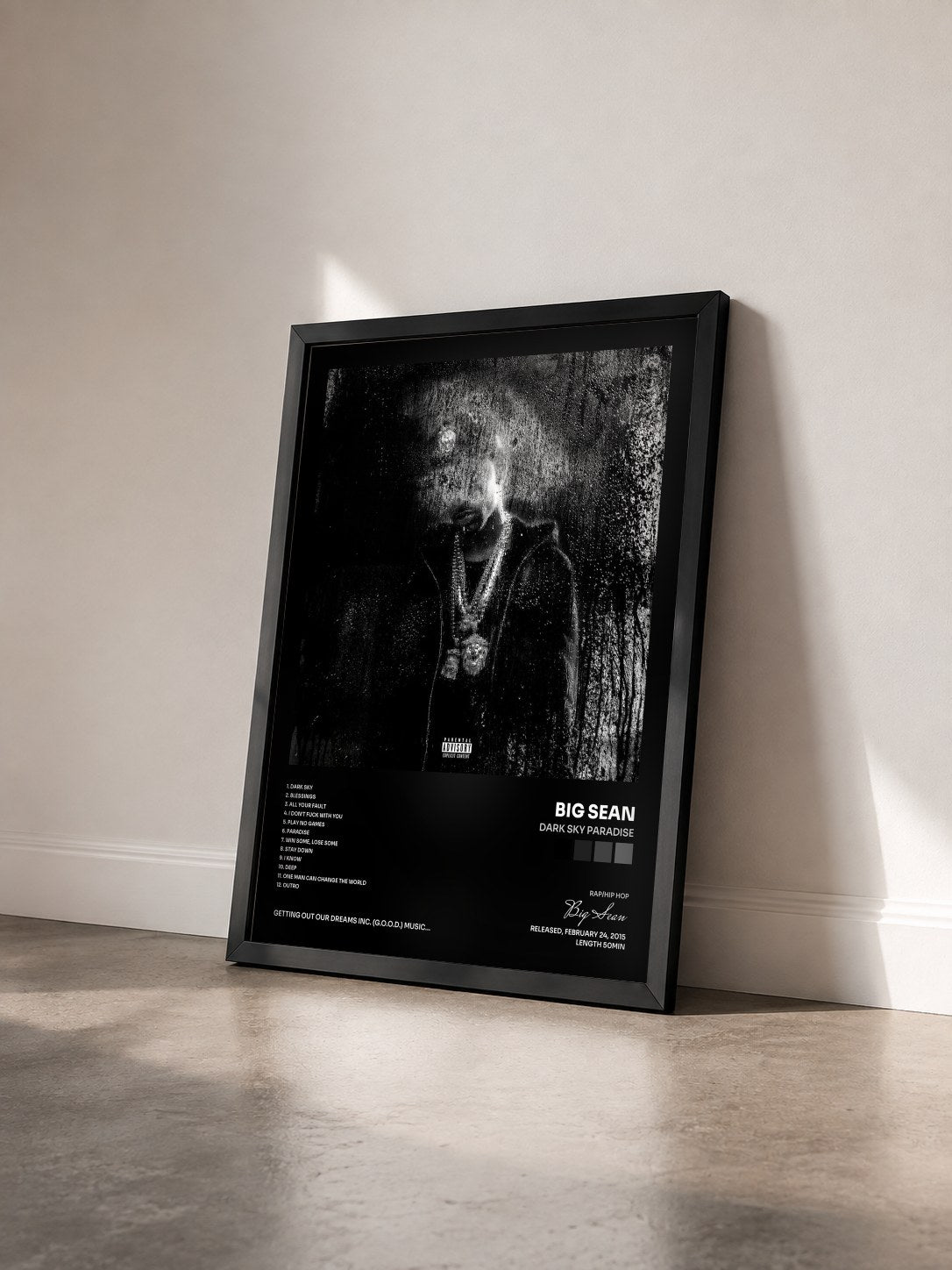 #noir Dark Sky Paradise by Big Sean as a framed art print seen at an angle, black frame