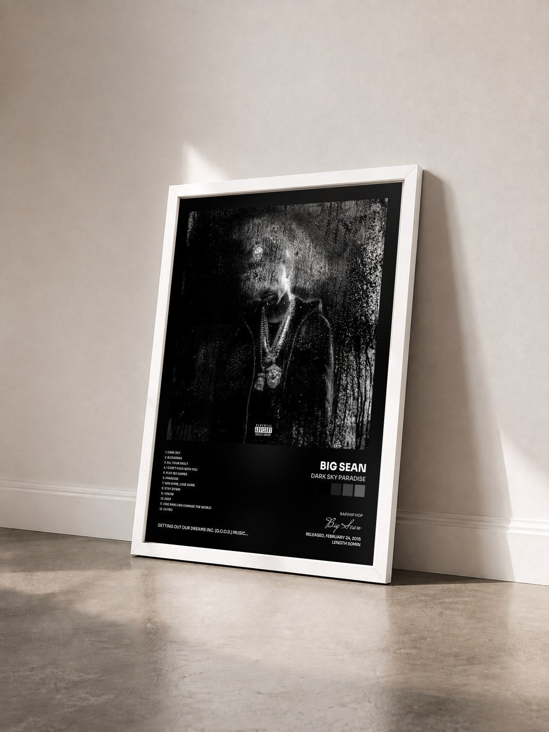 #blanc Dark Sky Paradise by Big Sean as a framed art print seen at an angle, white frame