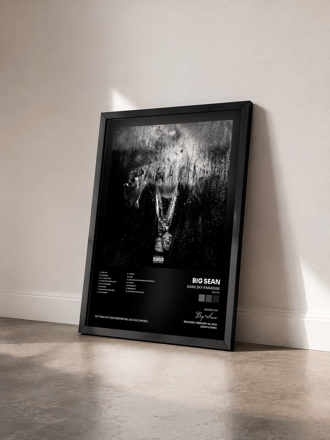 #noir Dark Sky Paradise (Deluxe) by Big Sean as a framed art print seen at an angle, black frame