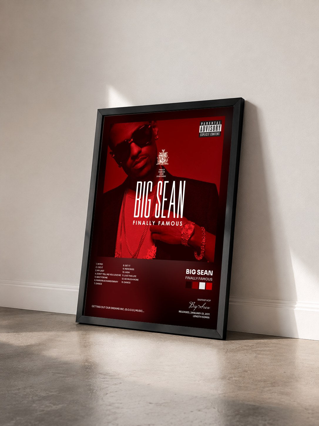 #noir Tableau de l'album Finally Famous de Big Sean vu de trois quarts, cadre noir