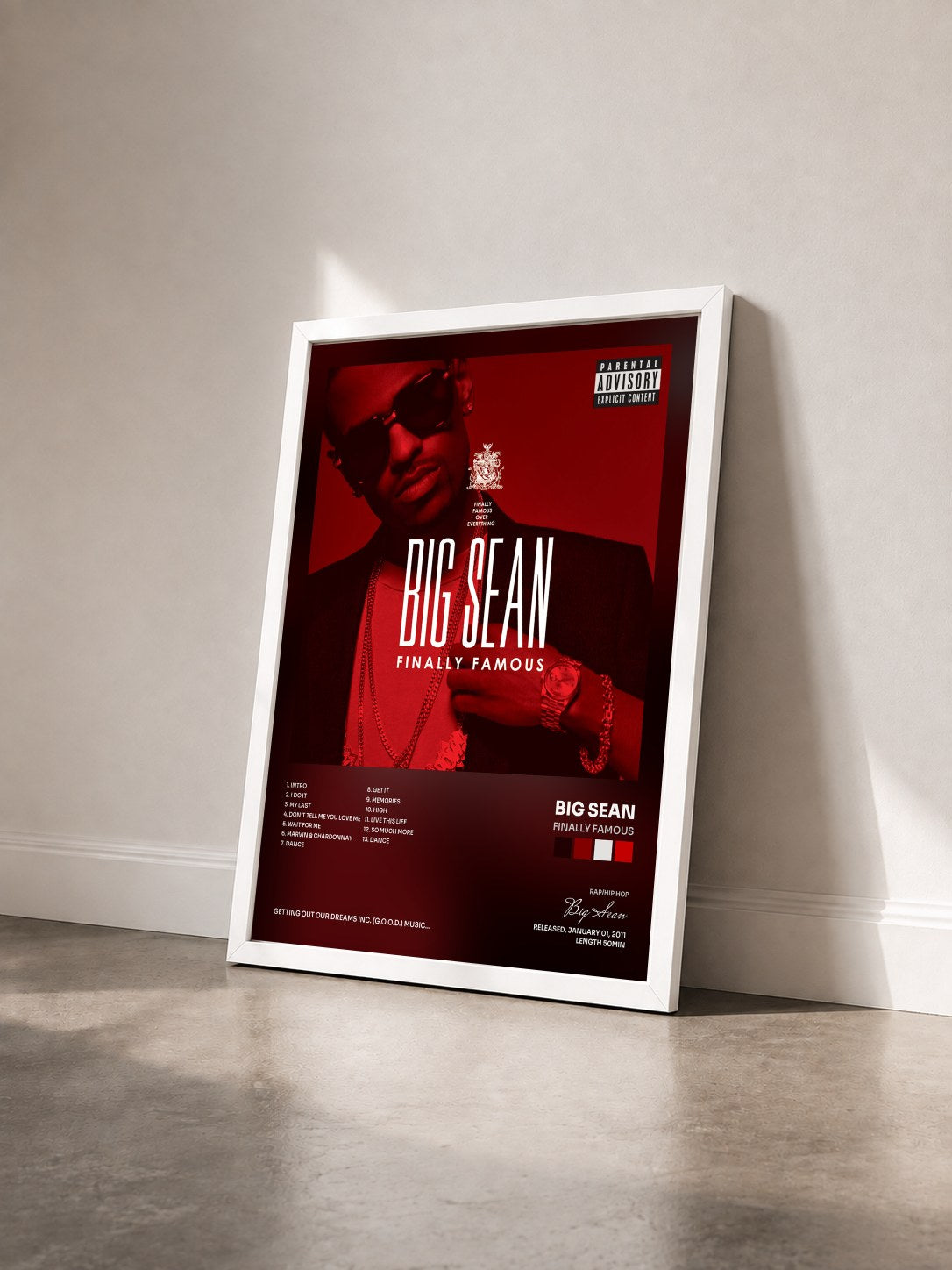 #blanc Tableau de l'album Finally Famous de Big Sean vu de trois quarts, cadre blanc