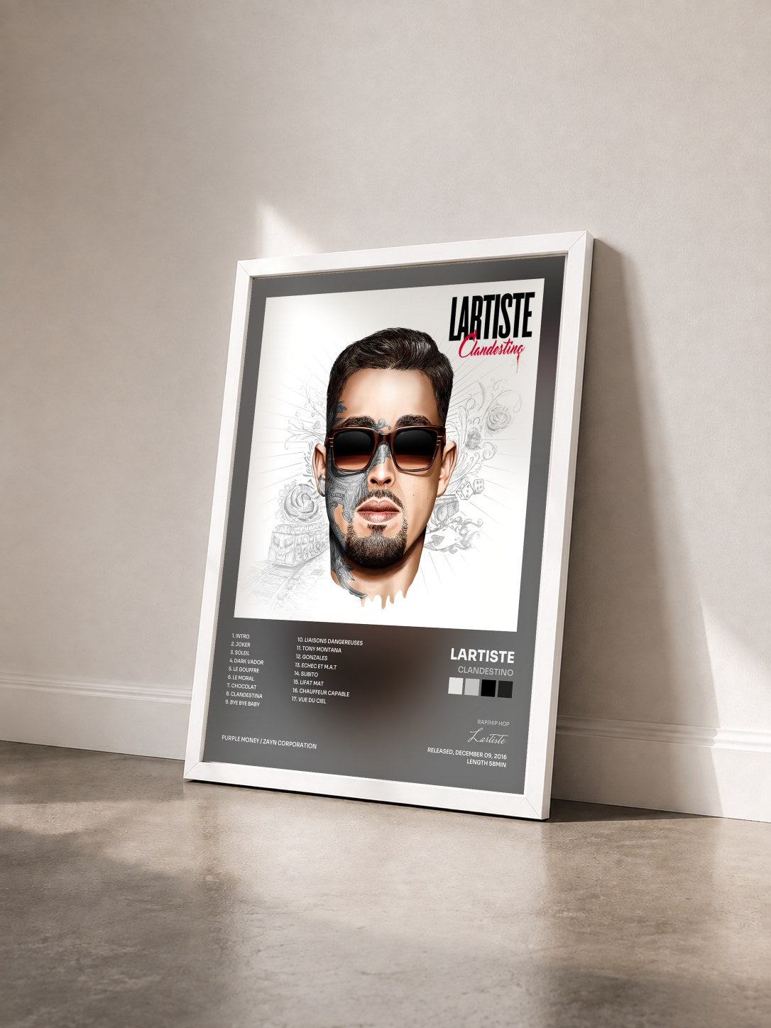 #blanc Tableau de l'album Clandestino de Lartiste vu de trois quarts, cadre blanc