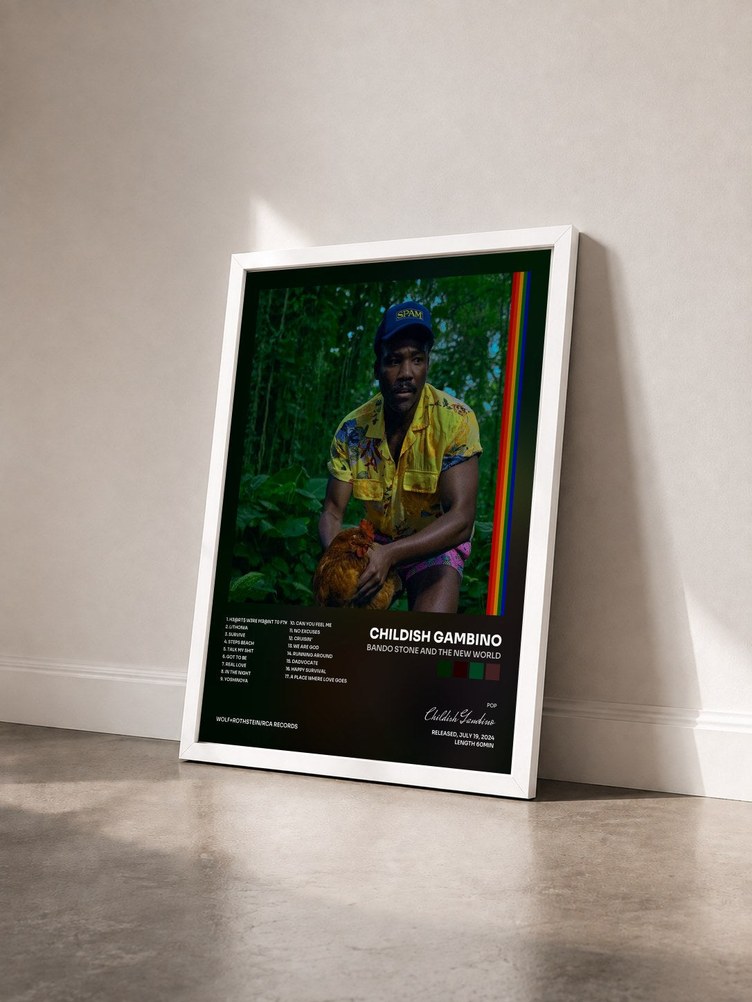 #blanc Bando Stone and The New World by Childish Gambino as a framed art print seen at an angle, white frame