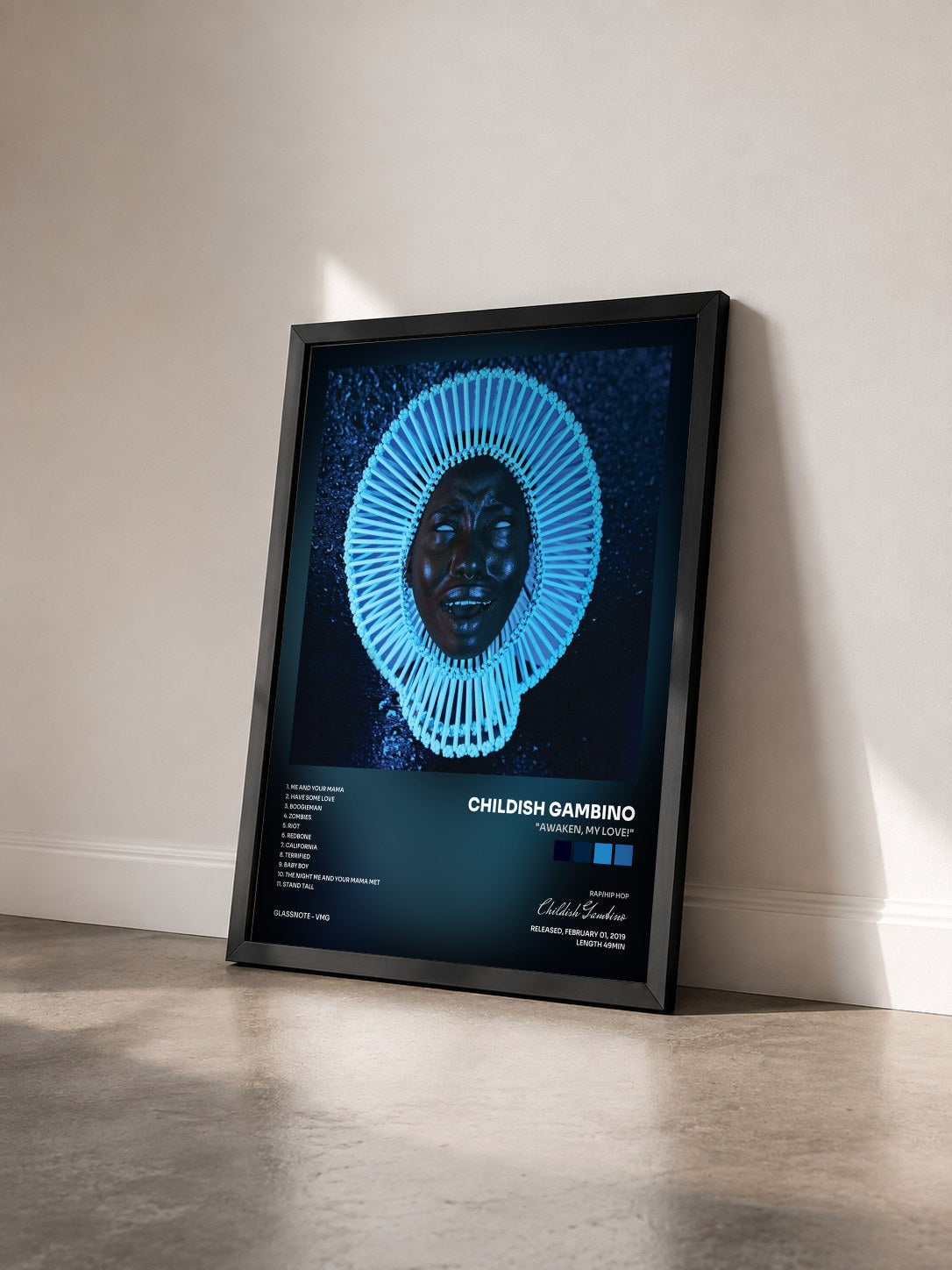 #noir "Awaken, My Love!" by Childish Gambino as a framed art print seen at an angle, black frame