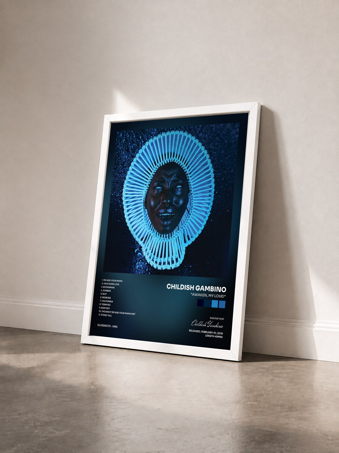 #blanc "Awaken, My Love!" by Childish Gambino as a framed art print seen at an angle, white frame