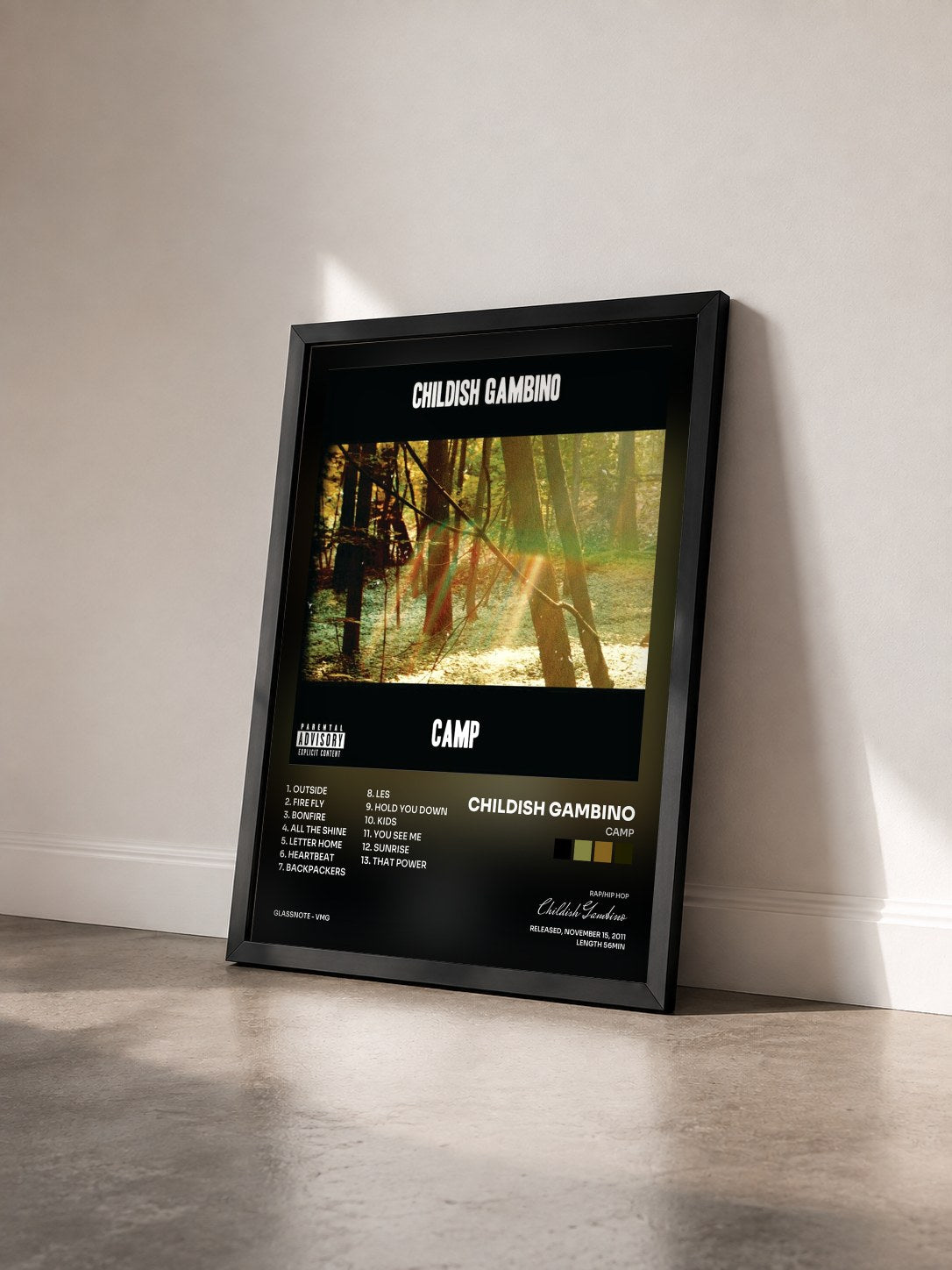 #noir Camp by Childish Gambino as a framed art print seen at an angle, black frame