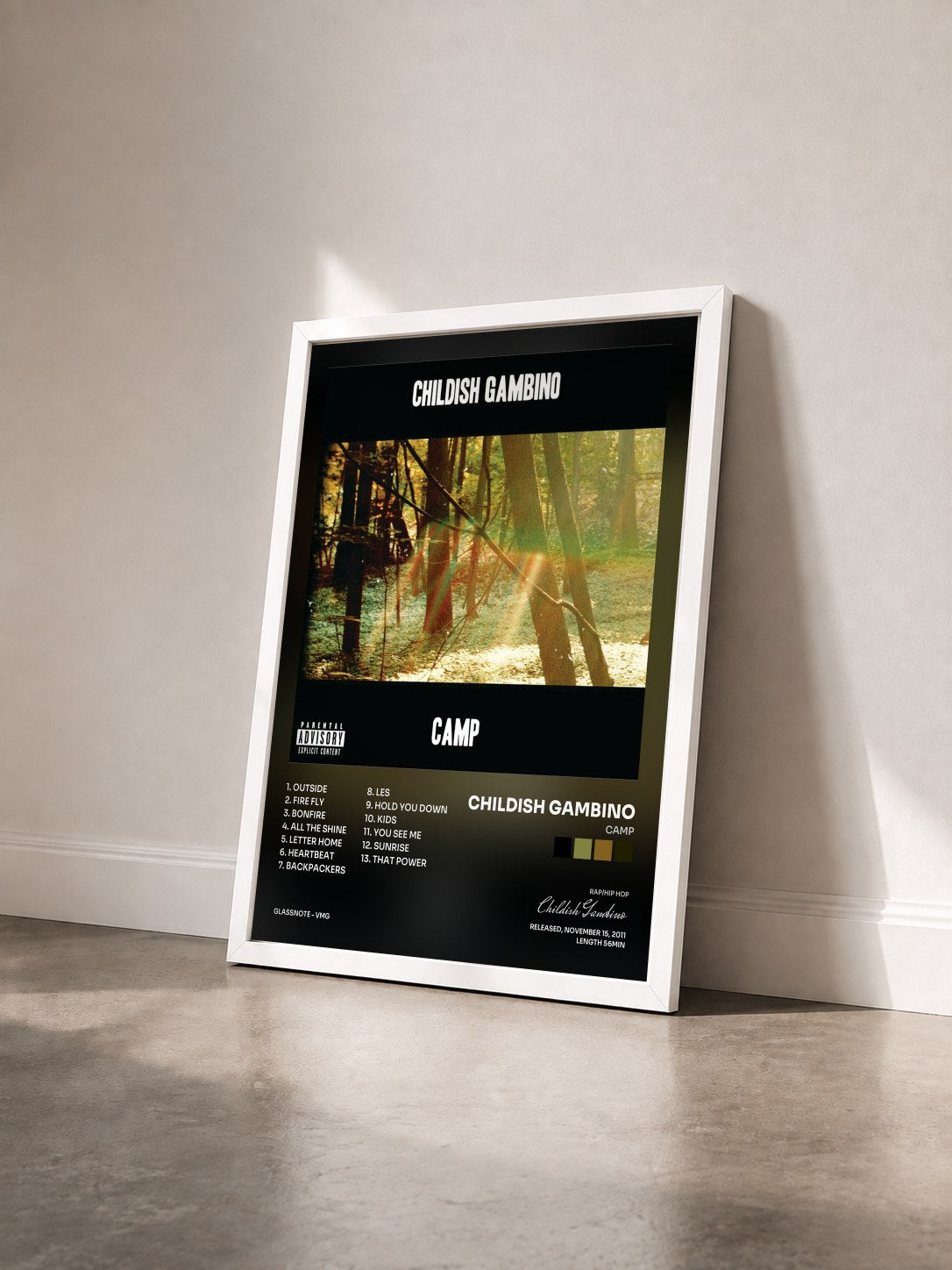 #blanc Camp by Childish Gambino as a framed art print seen at an angle, white frame