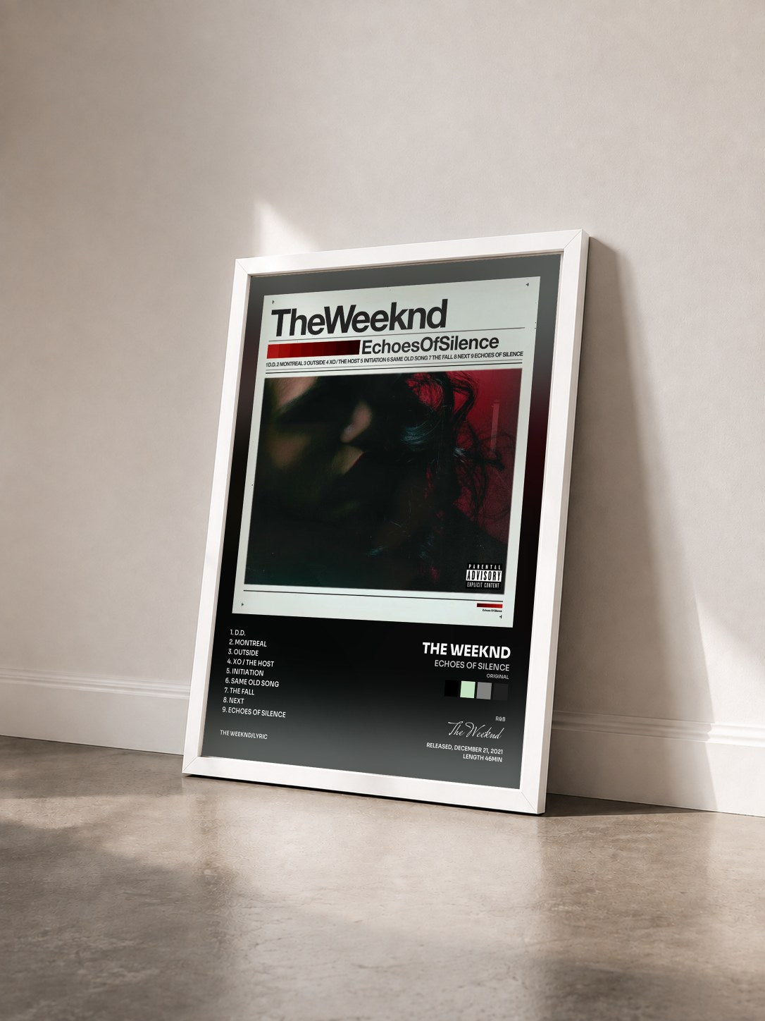 #blanc Tableau de l'album Echoes Of Silence (Original) de The Weeknd vu de trois quarts, cadre blanc
