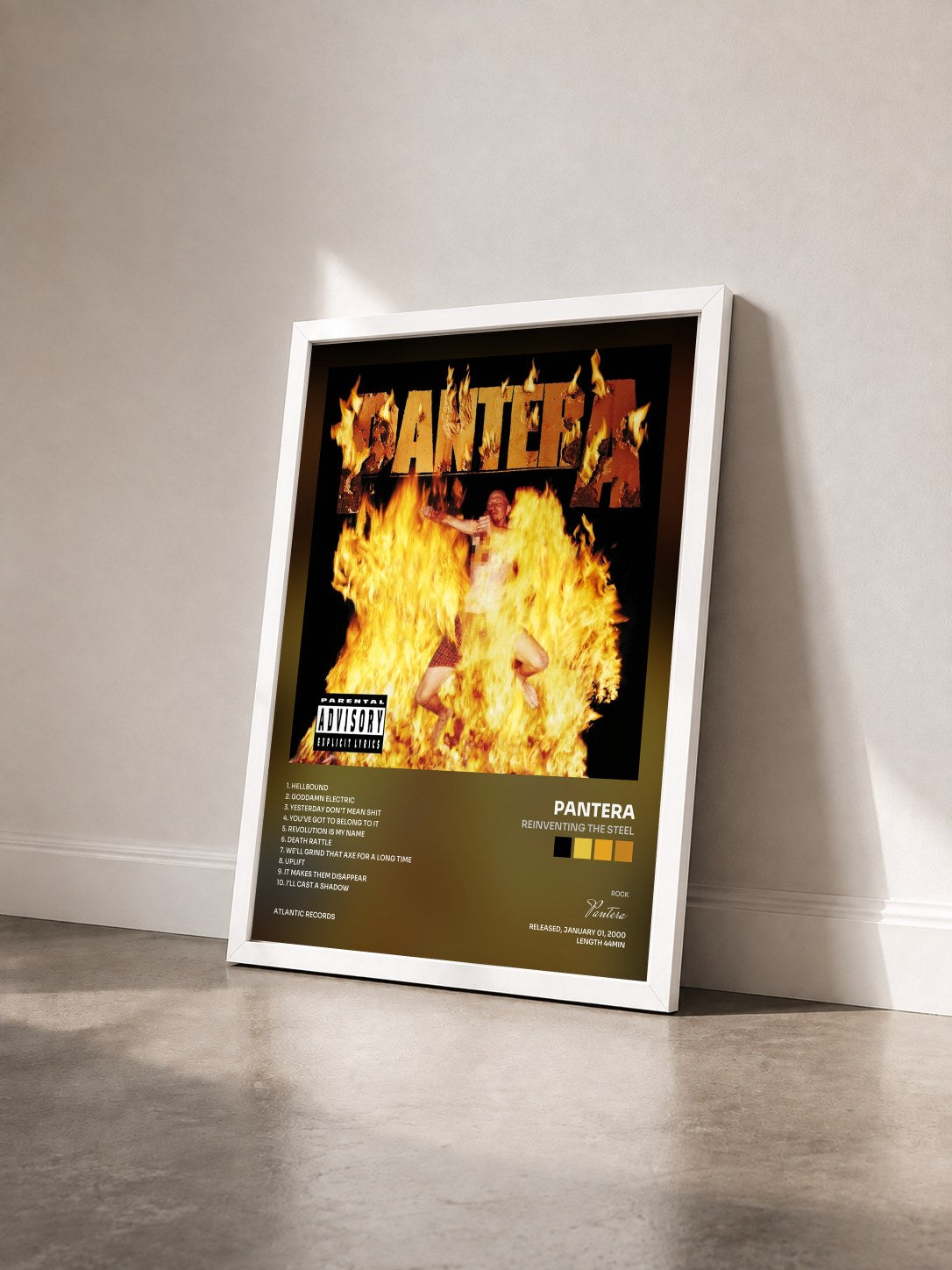#blanc Tableau de l'album Reinventing the Steel de Pantera vu de trois quarts, cadre blanc
