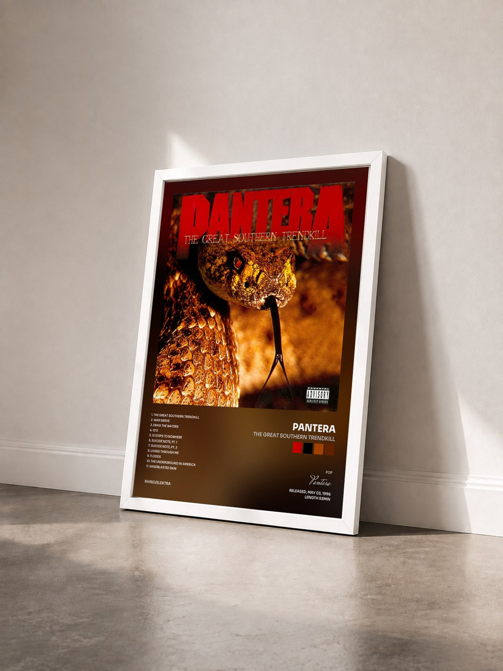 #blanc Tableau de l'album The Great Southern Trendkill de Pantera vu de trois quarts, cadre blanc