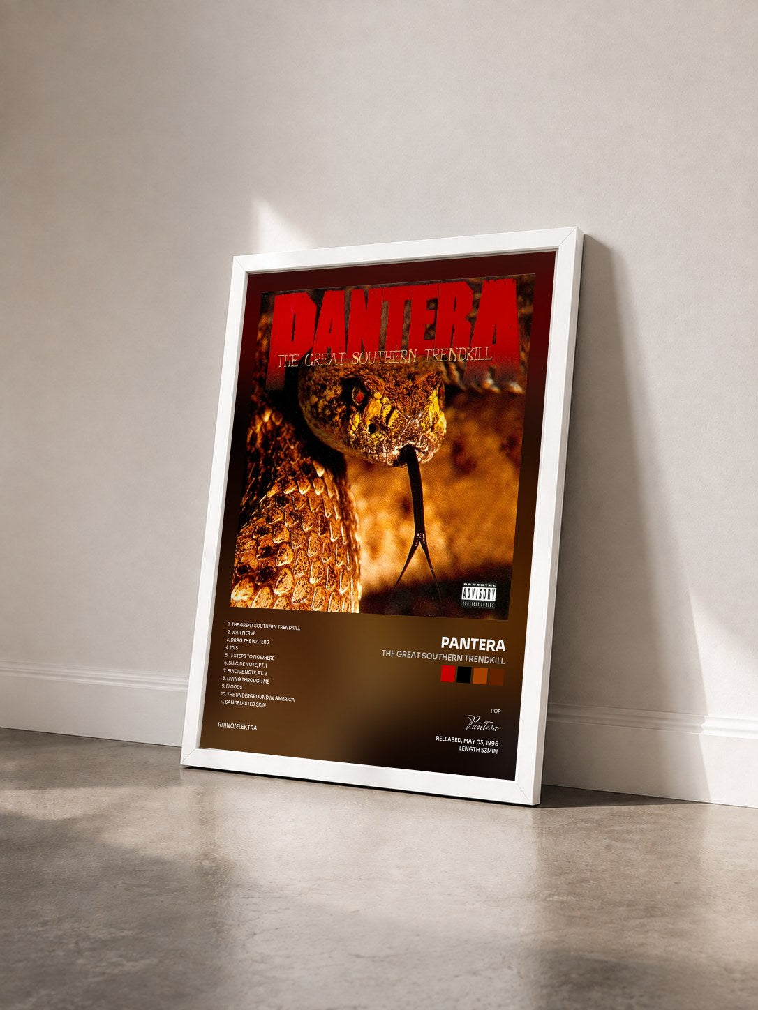 #blanc Tableau de l'album The Great Southern Trendkill de Pantera vu de trois quarts, cadre blanc