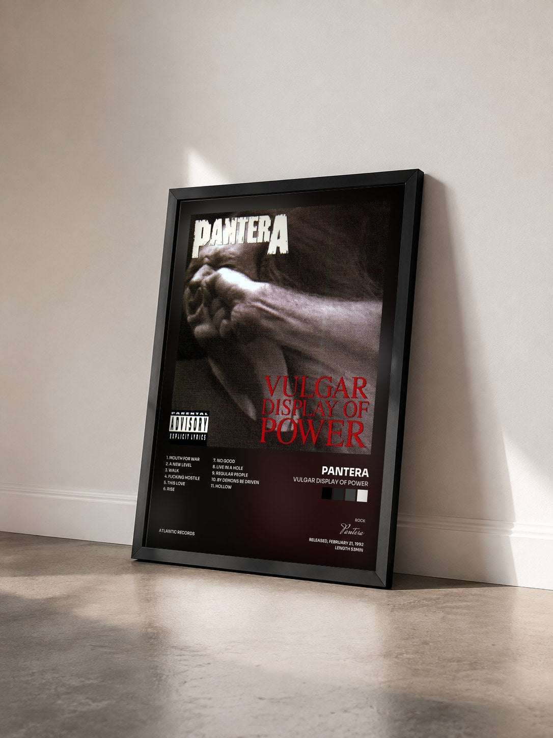 #noir Vulgar Display of Power by Pantera as a framed art print seen at an angle, black frame