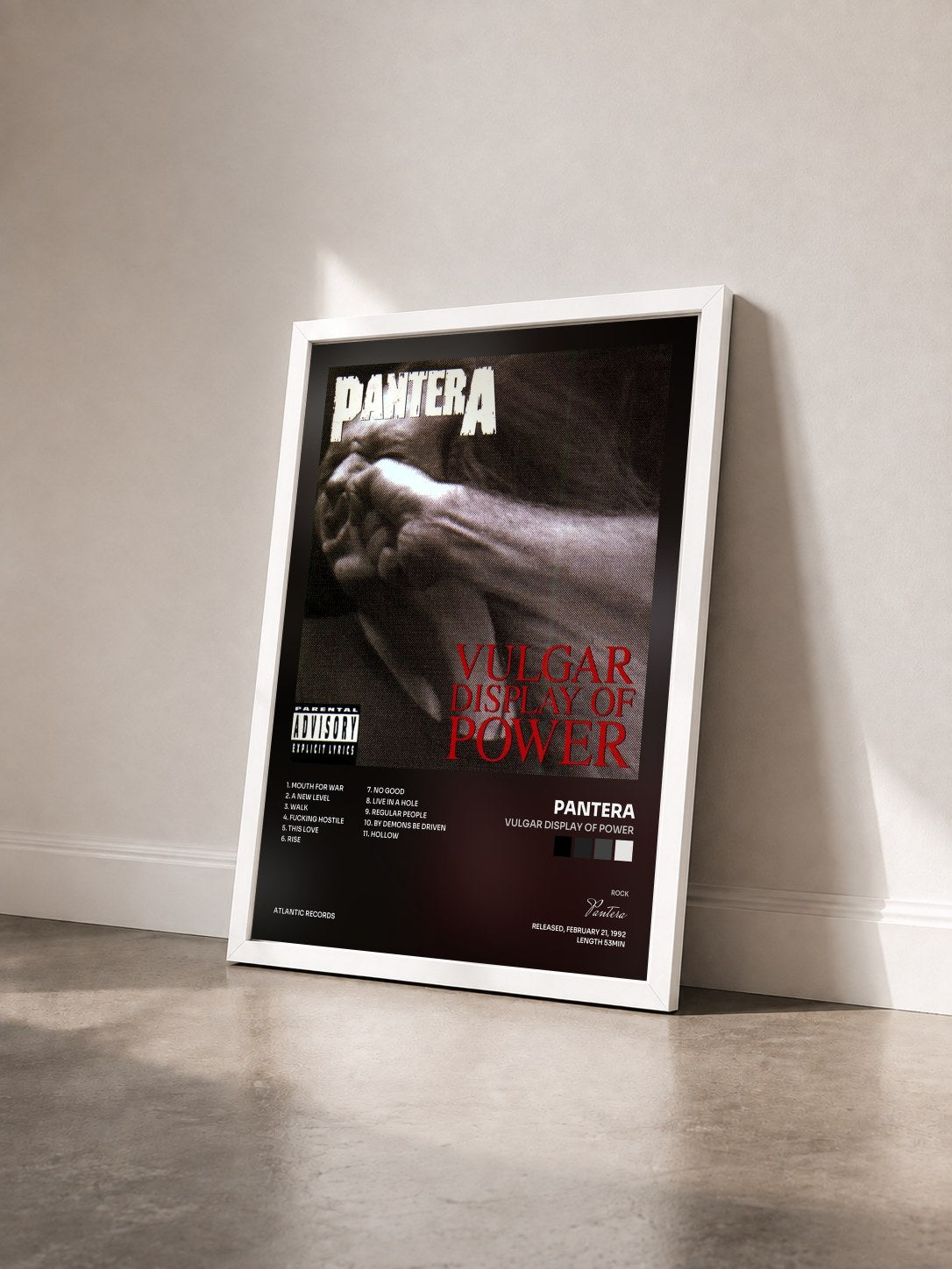 #blanc Vulgar Display of Power by Pantera as a framed art print seen at an angle, white frame