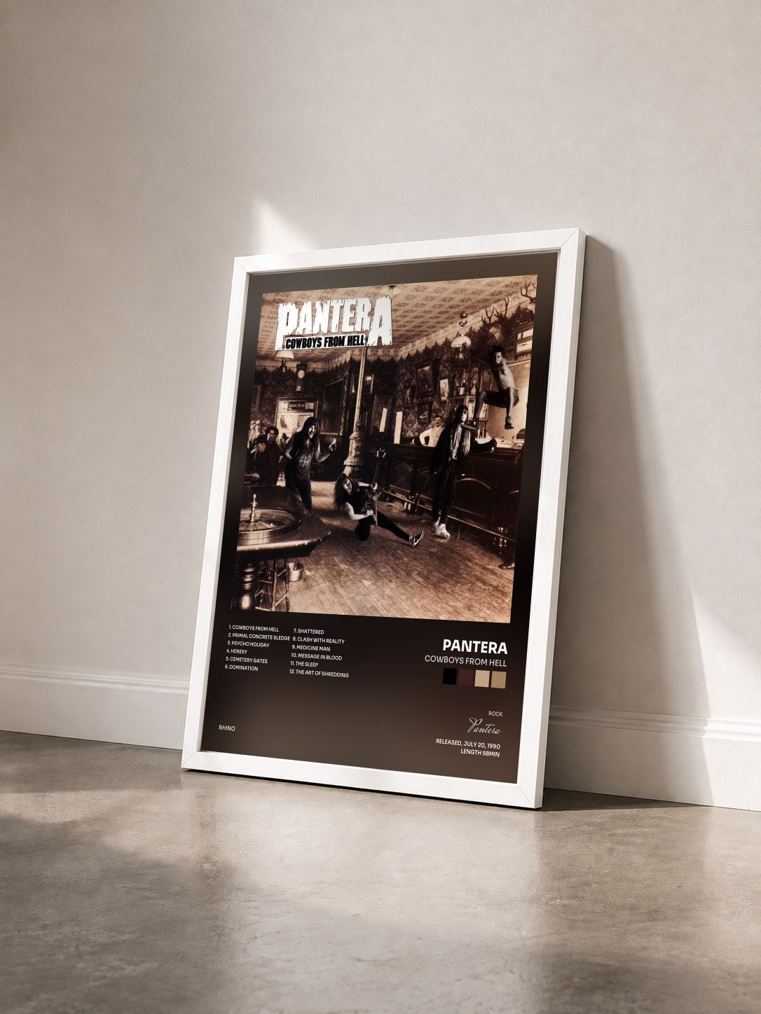 #blanc Tableau de l'album Cowboys from Hell de Pantera vu de trois quarts, cadre blanc