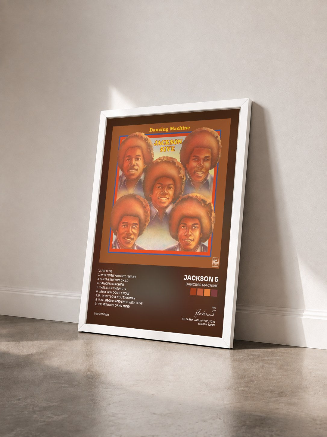 #blanc Tableau de l'album Dancing Machine de Jackson 5 vu de trois quarts, cadre blanc