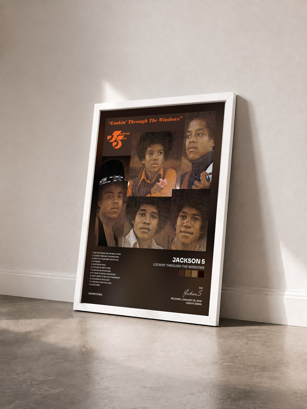 #blanc Tableau de l'album Lookin' Through The Windows de Jackson 5 vu de trois quarts, cadre blanc