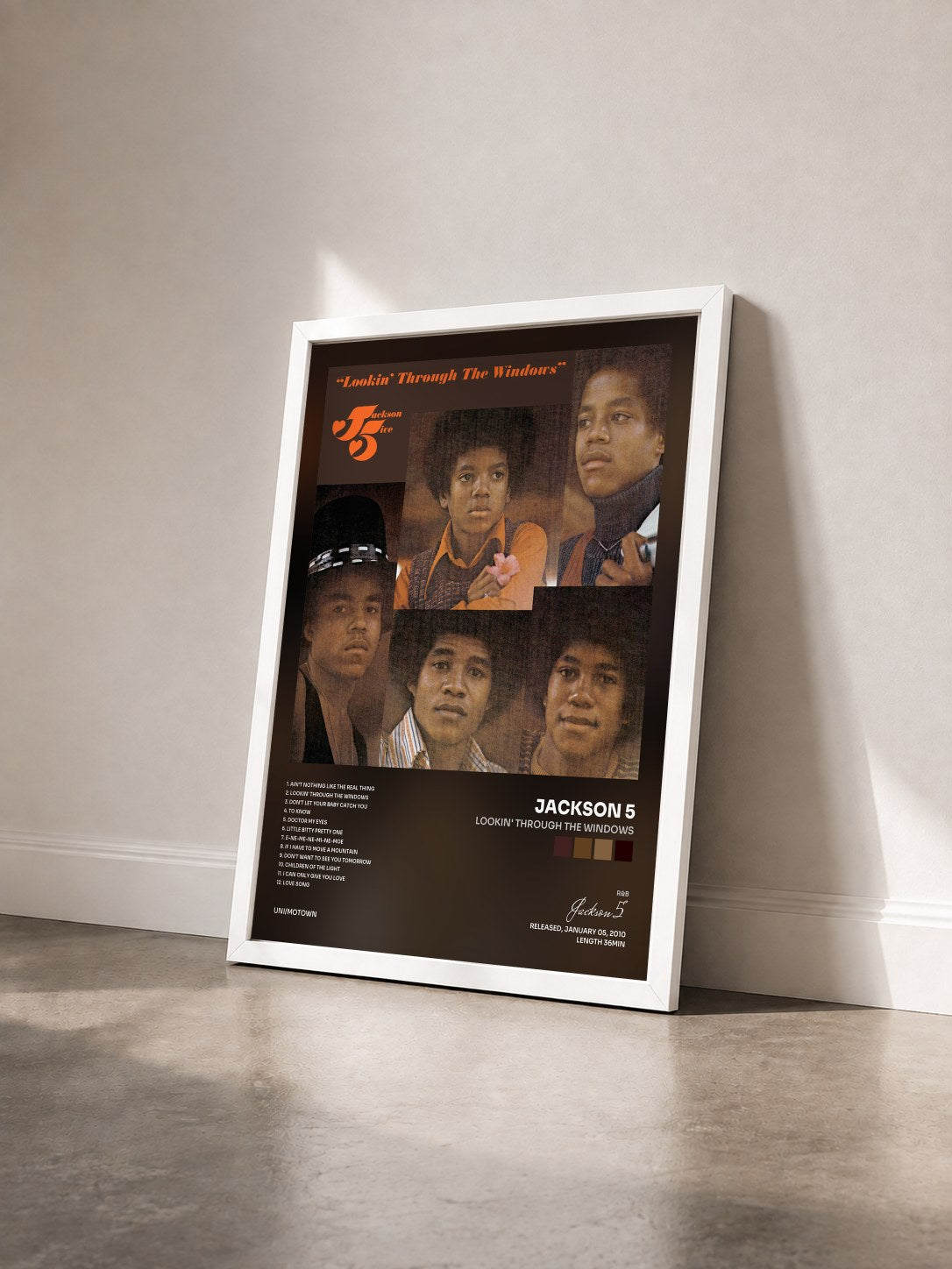 #blanc Tableau de l'album Lookin' Through The Windows de Jackson 5 vu de trois quarts, cadre blanc