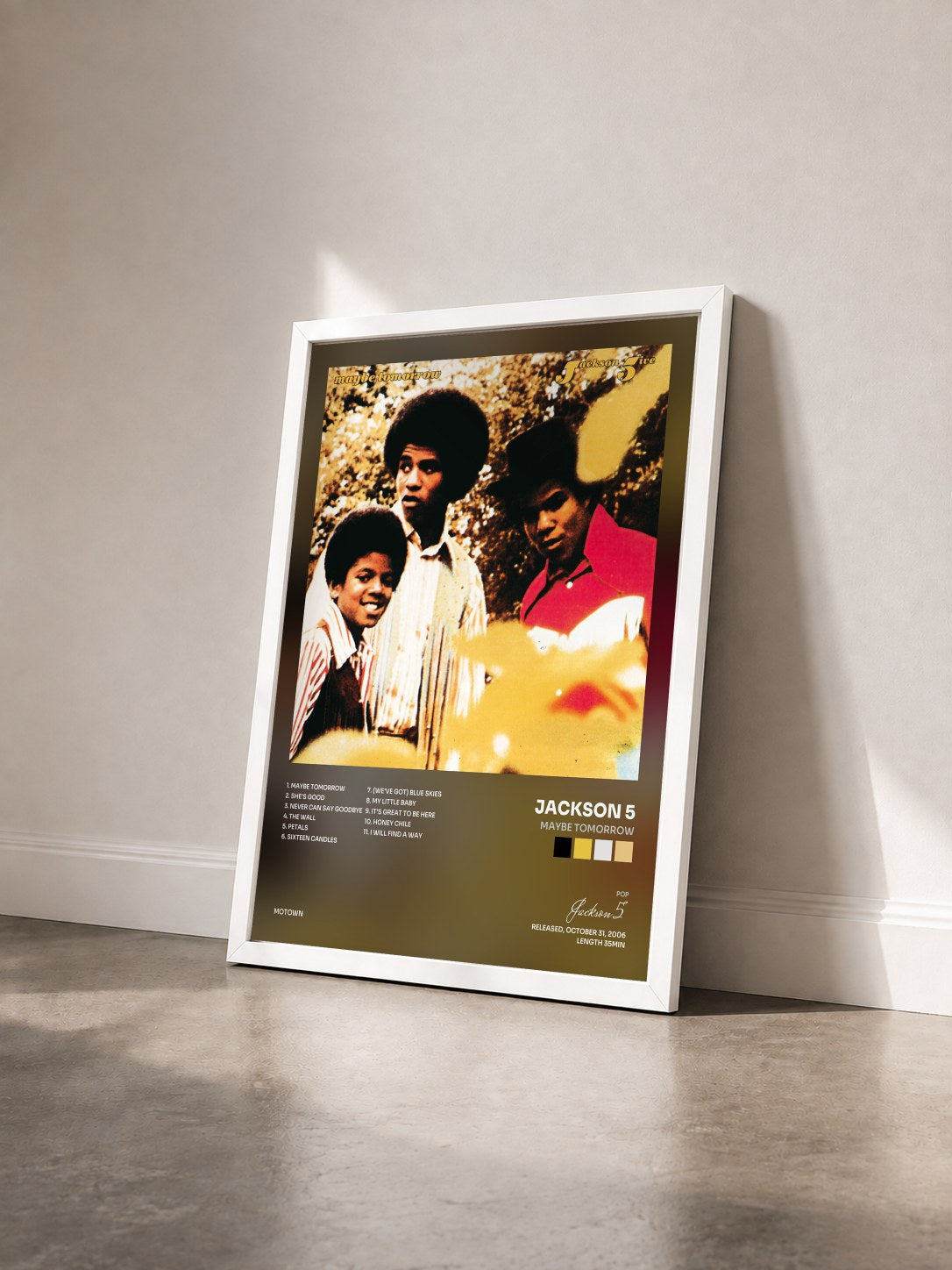 #blanc Tableau de l'album Maybe Tomorrow de Jackson 5 vu de trois quarts, cadre blanc