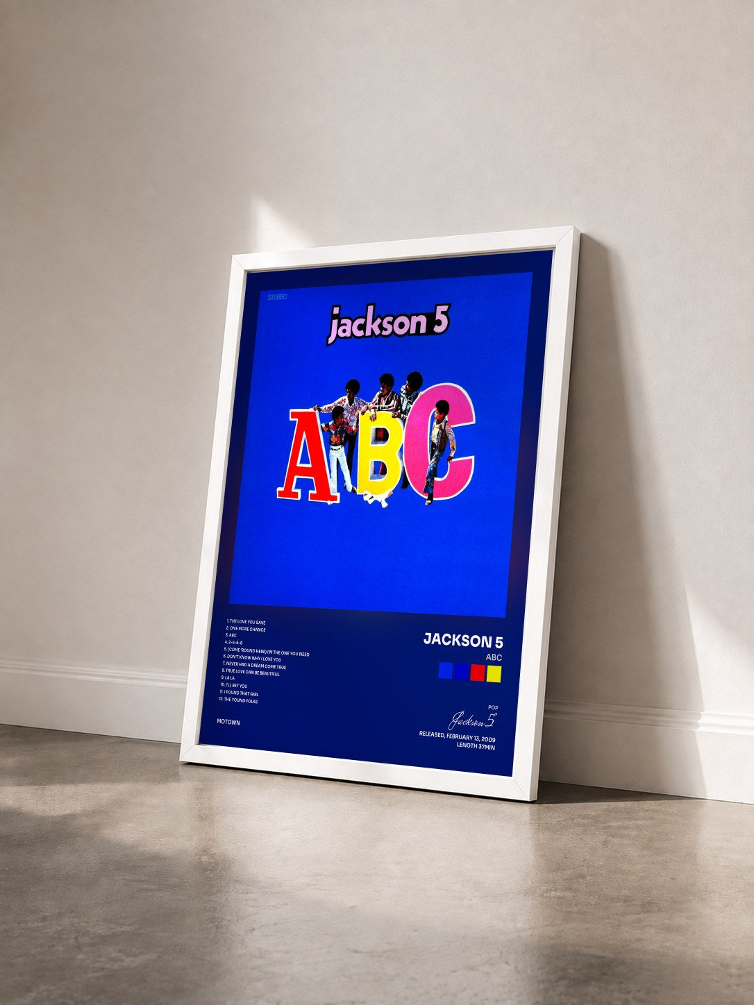 #blanc Tableau de l'album ABC de Jackson 5 vu de trois quarts, cadre blanc