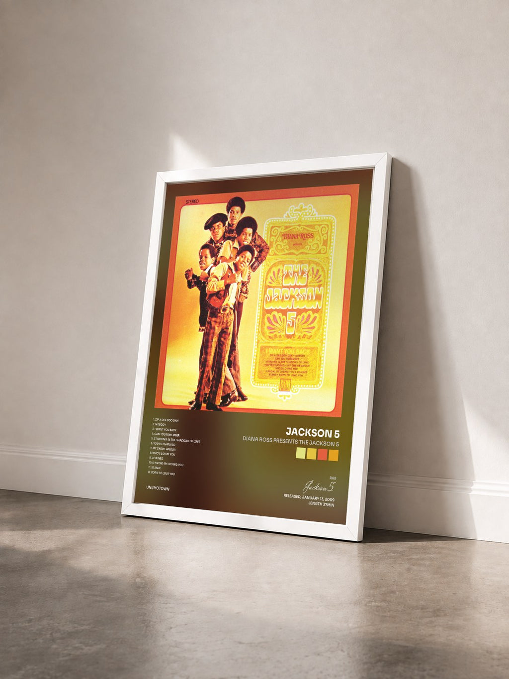 #blanc Diana Ross Presents The Jackson 5 by Jackson 5 as a framed art print seen at an angle, white frame