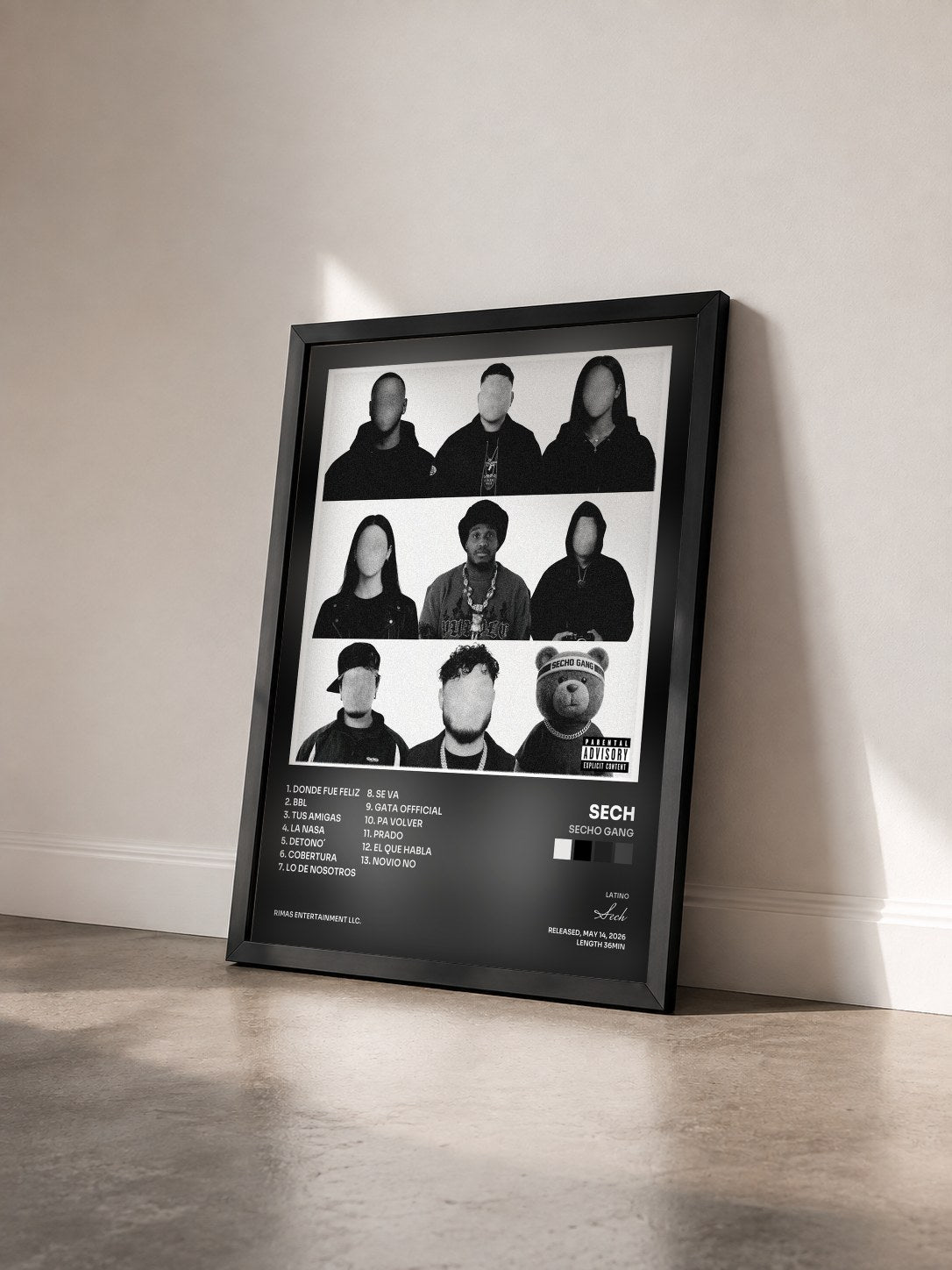 #noir SECHO GANG by Sech as a framed art print seen at an angle, black frame